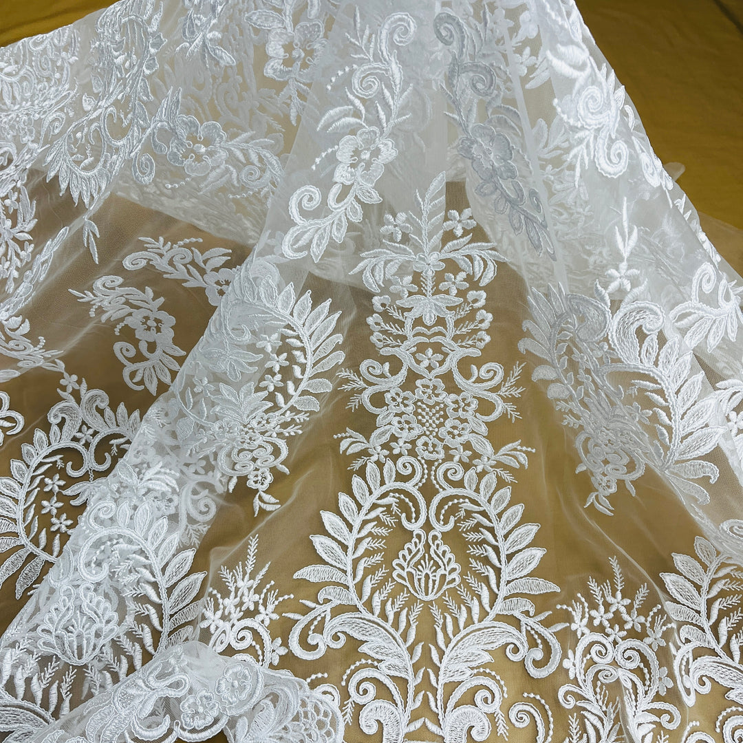 Corded Bridal Lace Fabric Embroidered on 100% Polyester Net Mesh | Lace USA