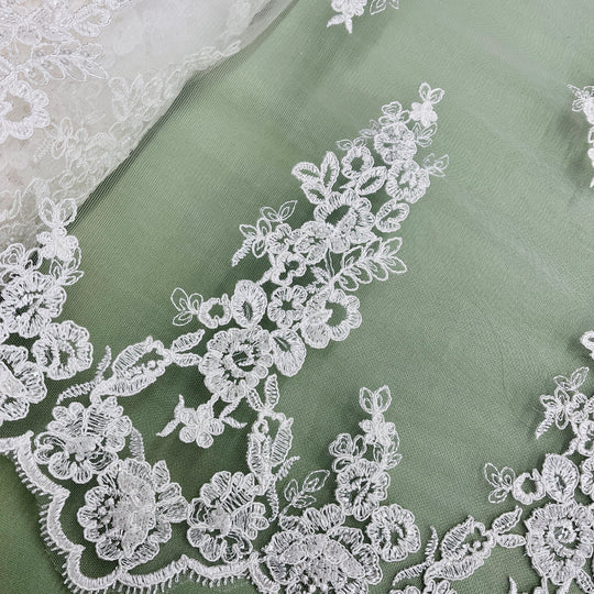 Beaded & Corded Bridal Lace Fabric Embroidered on 100% Polyester Net Mesh | Lace USA - 91443W-BP