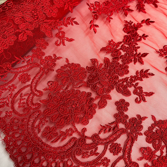 Corded Bridal Lace Fabric Embroidered on 100% Polyester Net Mesh | Lace USA