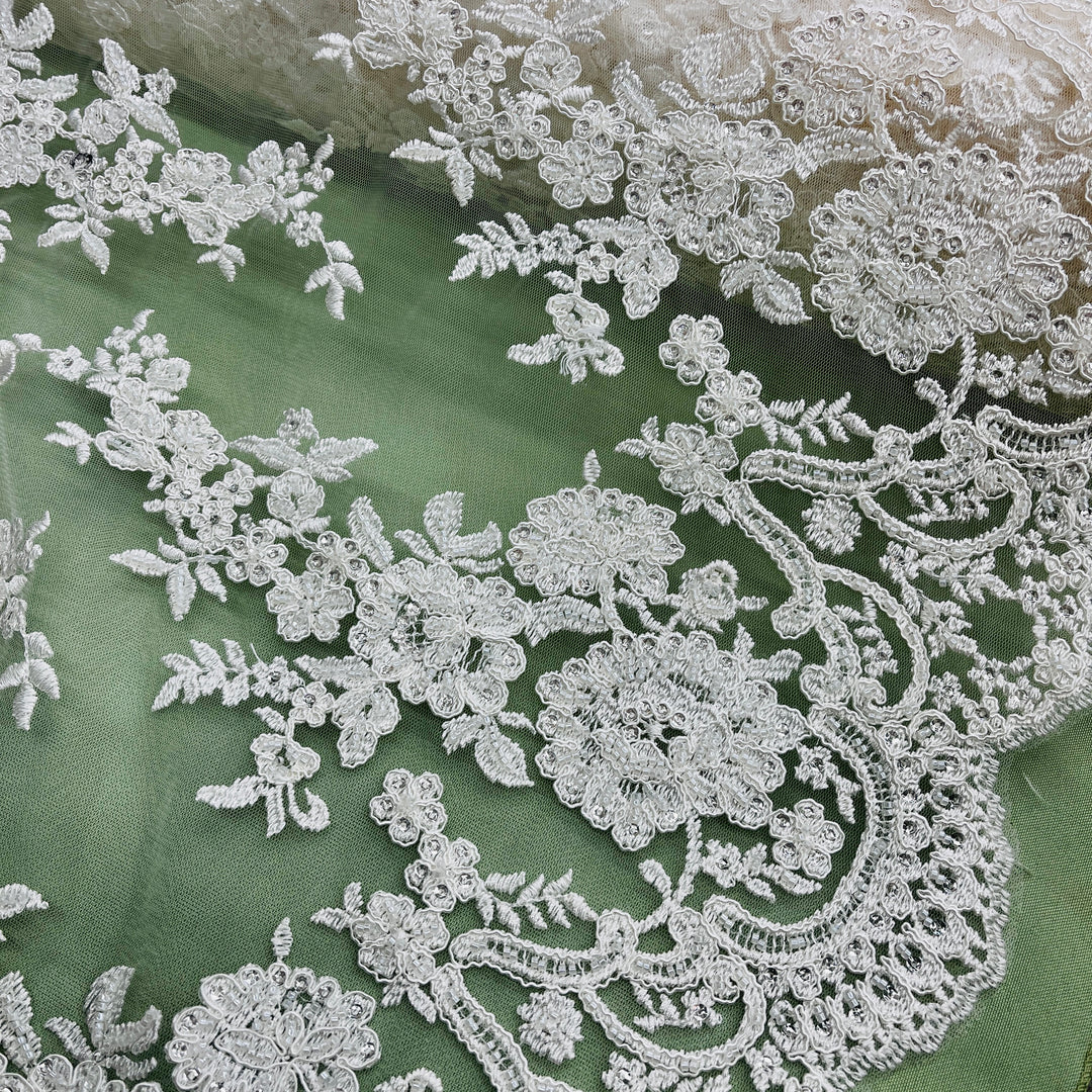 Beaded & Corded Bridal Lace Fabric Embroidered on 100% Polyester Net Mesh | Lace USA