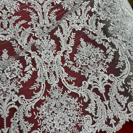 Corded Bridal Lace Fabric Embroidered on 100% Polyester Net Mesh | Lace USA