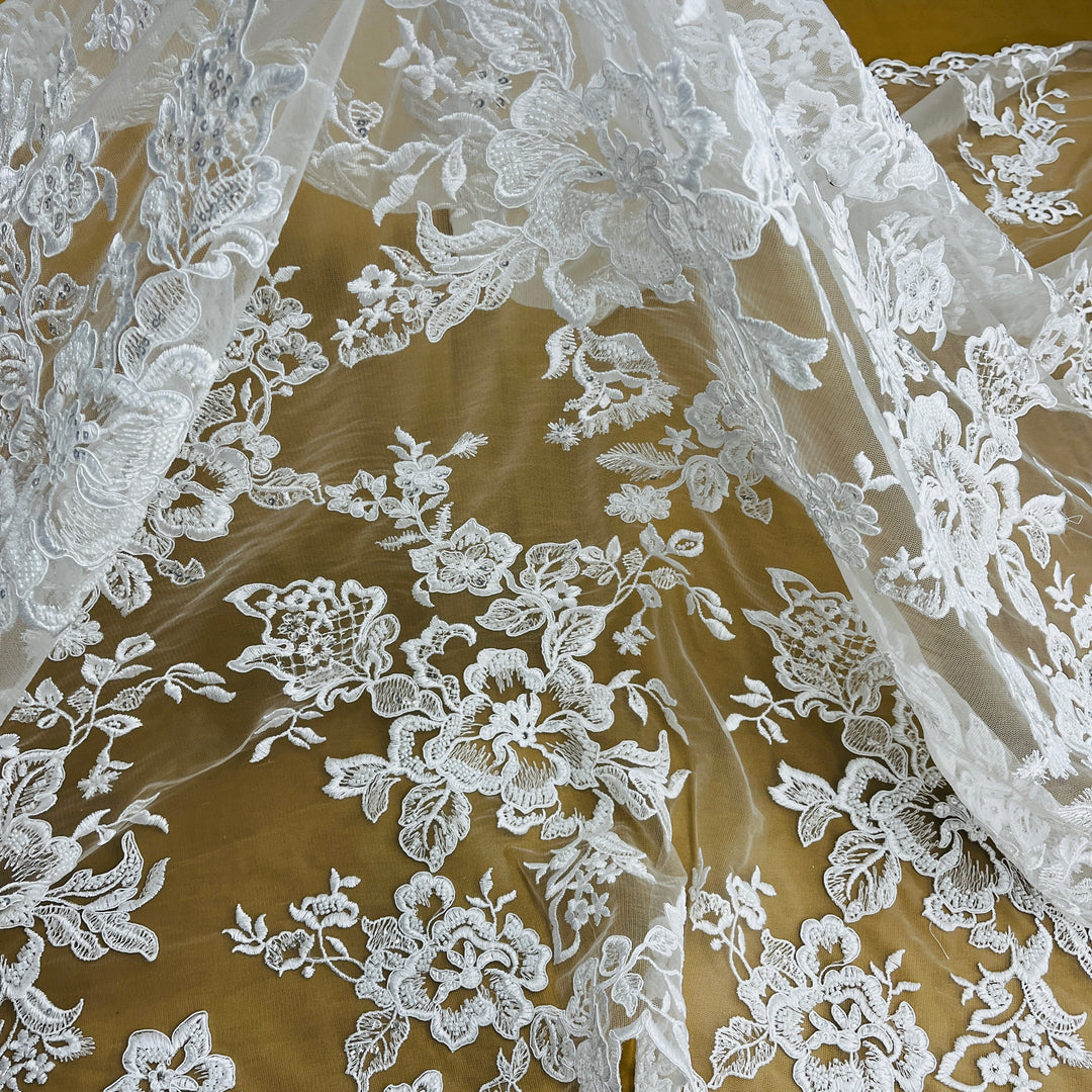 Beaded & Corded Bridal Lace Fabric Embroidered on 100% Polyester Net Mesh | Lace USA