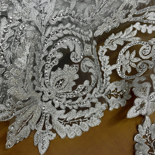 Beaded & Corded Bridal Lace Fabric Embroidered on 100% Polyester Net Mesh | Lace USA