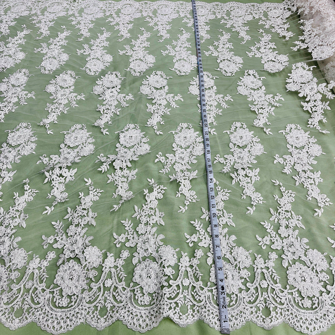 Beaded & Corded Bridal Lace Fabric Embroidered on 100% Polyester Net Mesh | Lace USA