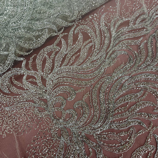 Beaded & Corded Bridal Lace Fabric Embroidered on 100% Polyester Net Mesh | Lace USA