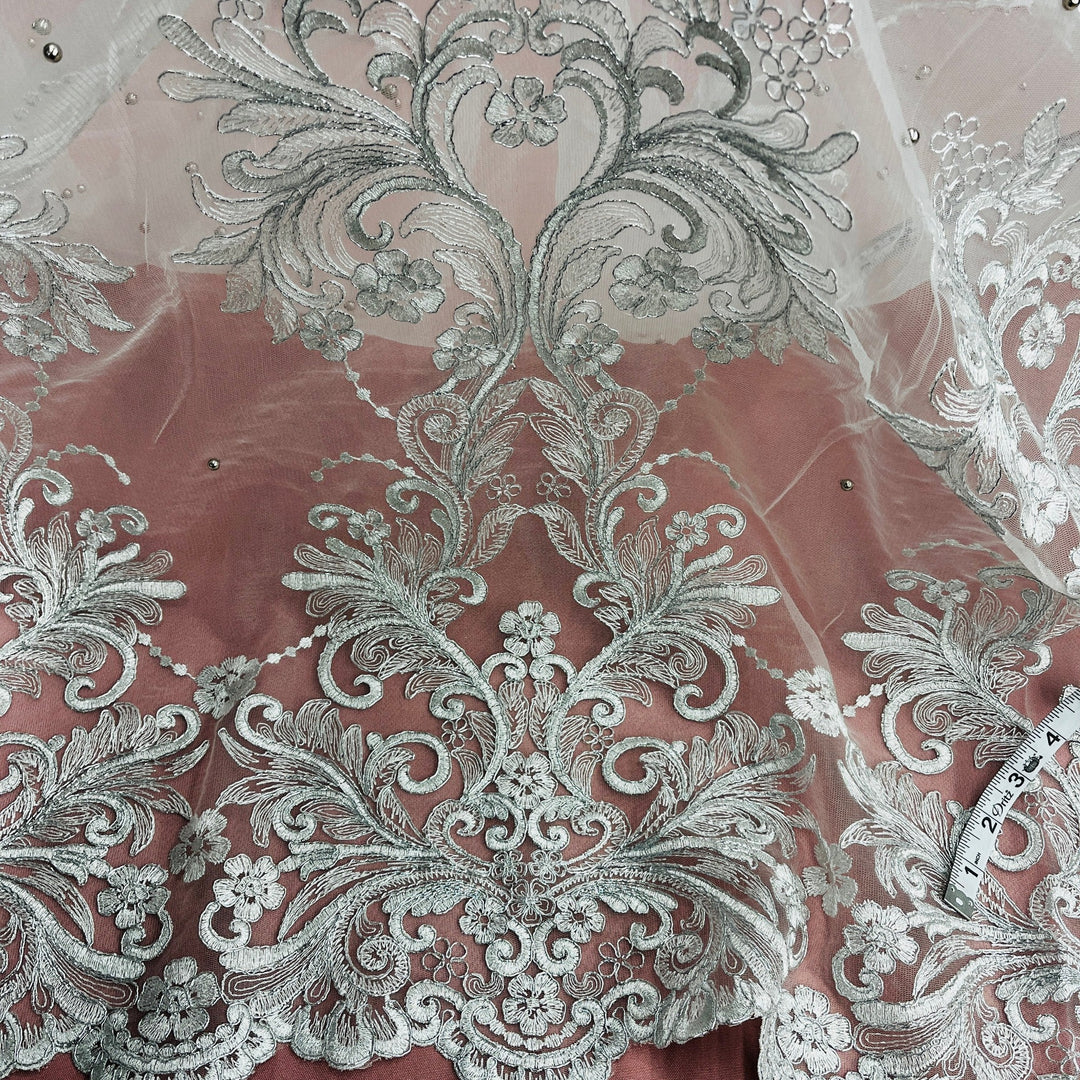 Beaded & Corded Bridal Lace Fabric Embroidered on 100% Polyester Net Mesh | Lace USA