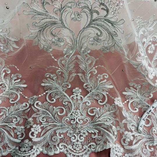 Beaded & Corded Bridal Lace Fabric Embroidered on 100% Polyester Net Mesh | Lace USA