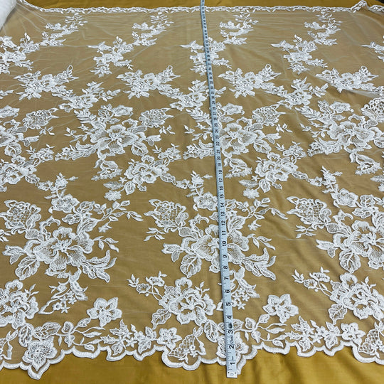 Beaded & Corded Bridal Lace Fabric Embroidered on 100% Polyester Net Mesh | Lace USA