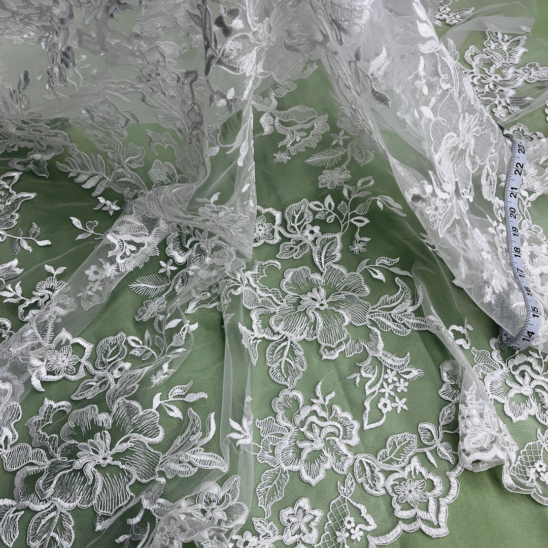 Corded Bridal Lace Fabric Embroidered on 100% Polyester Net Mesh | Lace USA