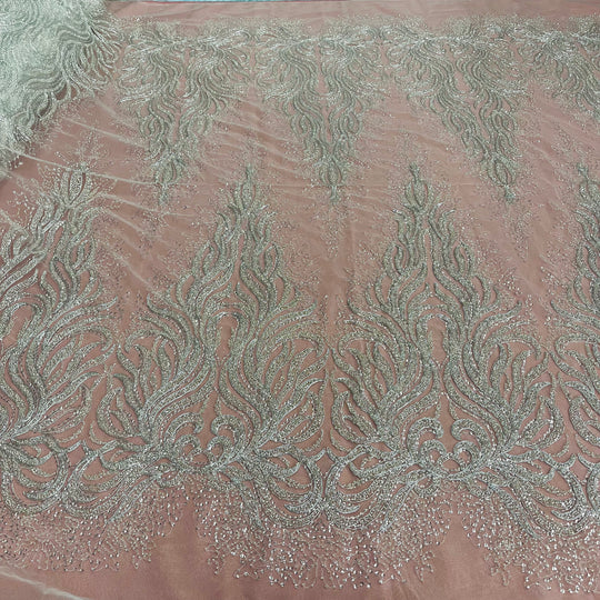 Beaded & Corded Bridal Lace Fabric Embroidered on 100% Polyester Net Mesh | Lace USA