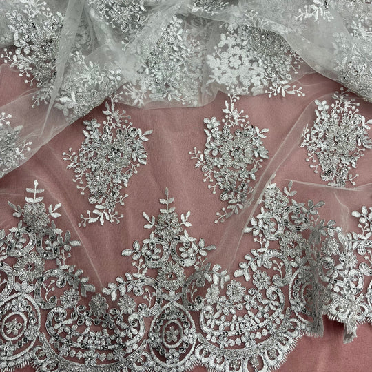 Beaded & Corded Lace Fabric Embroidered on 100% Polyester Net Mesh | Lace USA