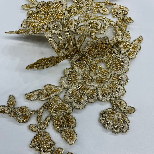 Beaded & Corded Floral Appliqué Lace Embroidered on 100% Polyester Organza or Net Mesh. This can be applied to Theatrical dance ballroom costumes, bridal dresses, bridal headbands endless possibilities. Sold By Pair Lace Usa