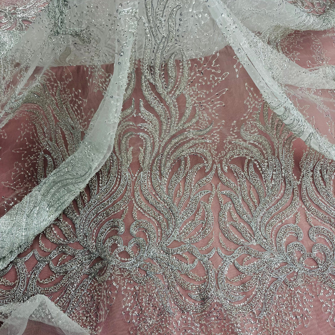 Beaded & Corded Bridal Lace Fabric Embroidered on 100% Polyester Net Mesh | Lace USA