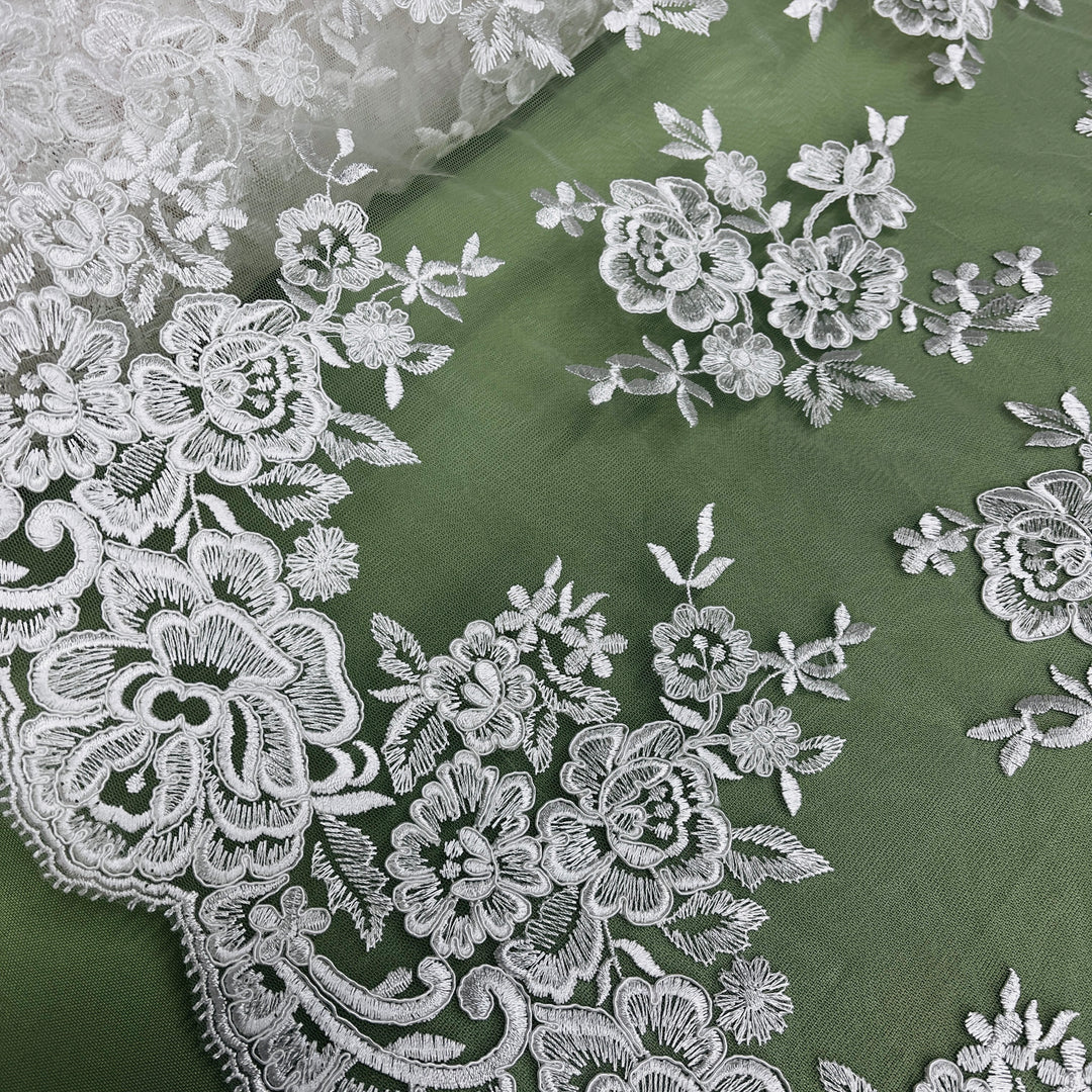 Corded Bridal Lace Fabric Embroidered on 100% Polyester Net Mesh | Lace USA