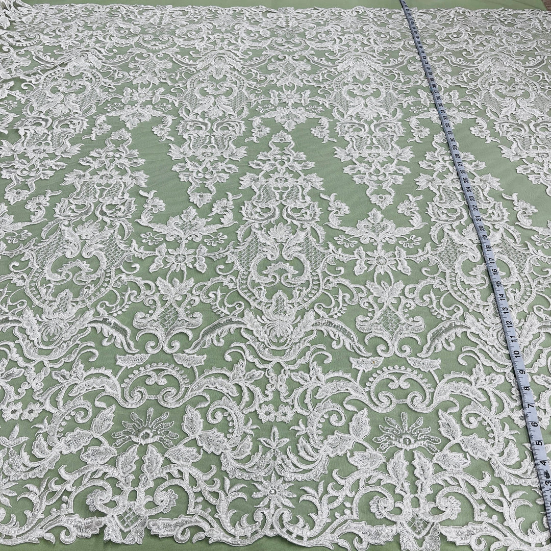 Beaded & Corded Bridal Lace Fabric Embroidered on 100% Polyester Net Mesh | Lace USA - 96997W-HB