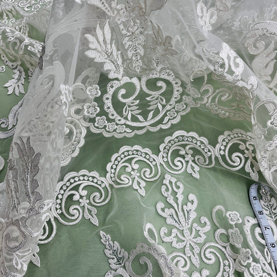 Beaded & Corded Bridal Lace Fabric Embroidered on 100% Polyester Net Mesh | Lace USA - 97068W-SB Ivory with Silver