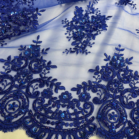 Beaded & Corded Lace Fabric Embroidered on 100% Polyester Net Mesh | Lace USA