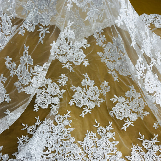 Corded Bridal Lace Fabric Embroidered on 100% Polyester Net Mesh | Lace USA