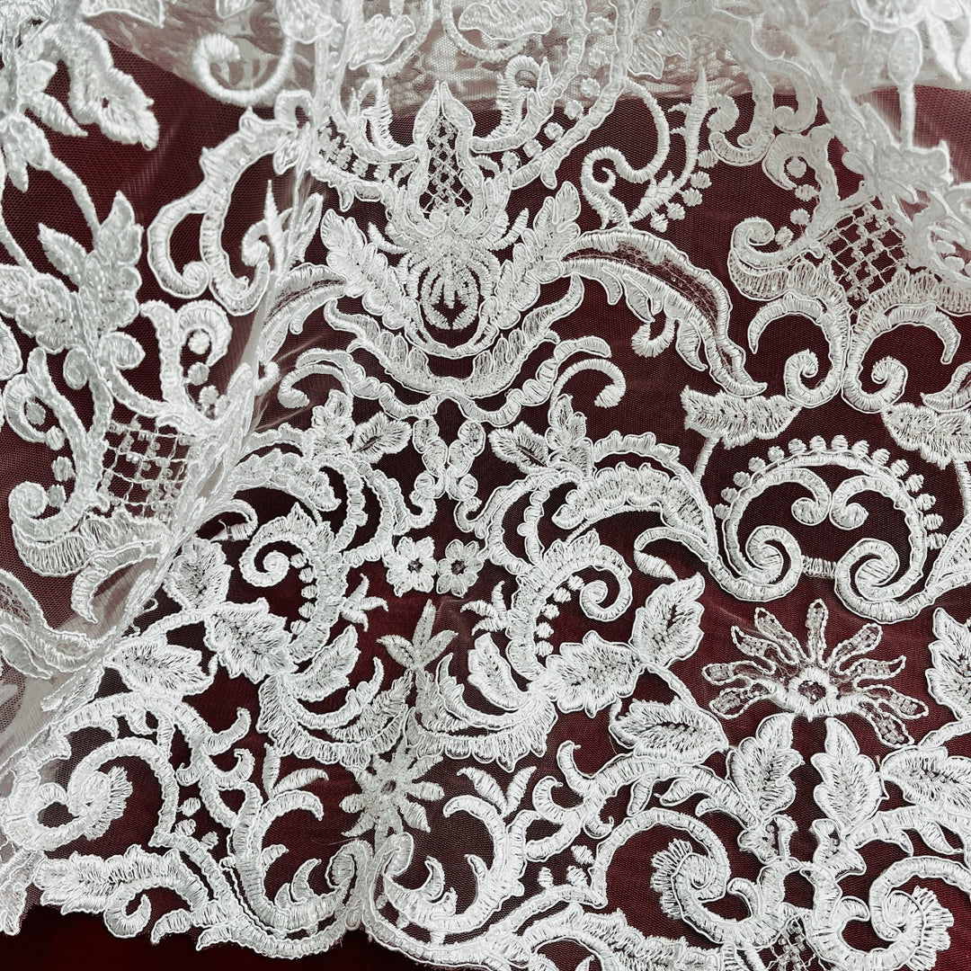 Beaded & Corded Bridal Lace Fabric Embroidered on 100% Polyester Net Mesh | Lace USA - 96997W-HB