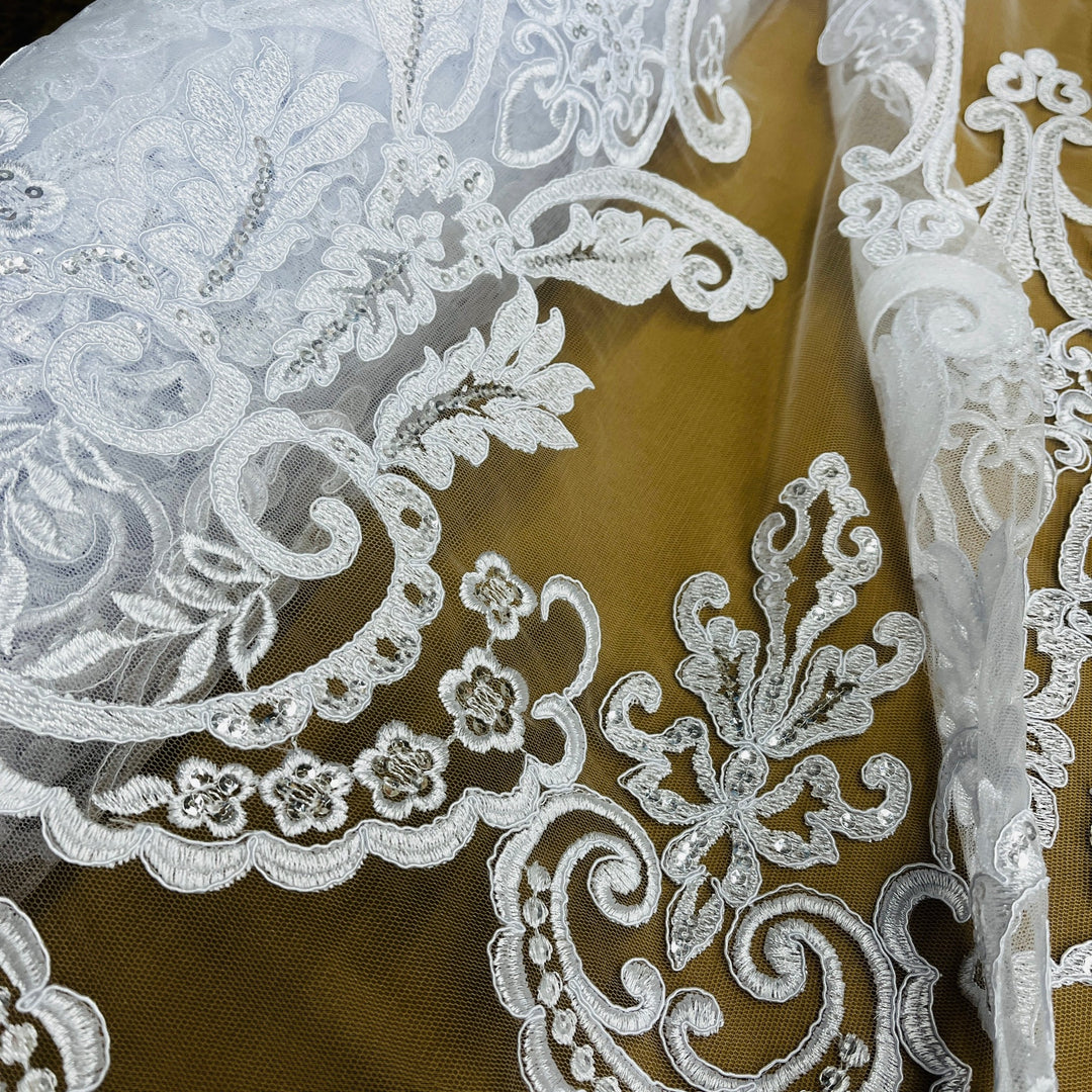 Beaded & Corded Bridal Lace Fabric Embroidered on 100% Polyester Net Mesh | Lace USA - 97068W-SB White