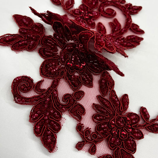 Beaded & Corded Silver Floral Appliqué Lace Embroidered on 100% Polyester Organza or Net Mesh. This can be applied to Theatrical dance ballroom costumes, bridal dresses, bridal headbands endless possibilities. Sold By Pair. Lace Usa