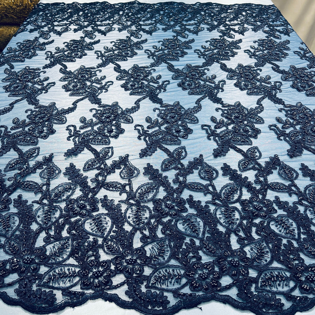 Beaded & Corded Lace Fabric Embroidered on 100% Polyester Net Mesh | Lace USA - GD-1823 Navy