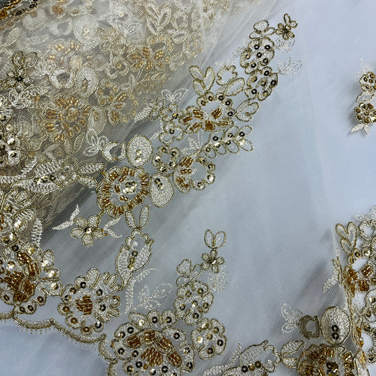 Beaded & Corded Bridal Lace Fabric Embroidered on 100% Polyester Net Mesh | Lace USA - 91443W-BP