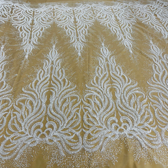 Beaded & Corded Bridal Lace Fabric Embroidered on 100% Polyester Net Mesh | Lace USA