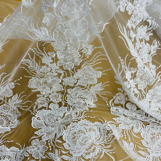 Beaded Lace Fabric Embroidered on 100% Polyester Net Mesh | Lace USA