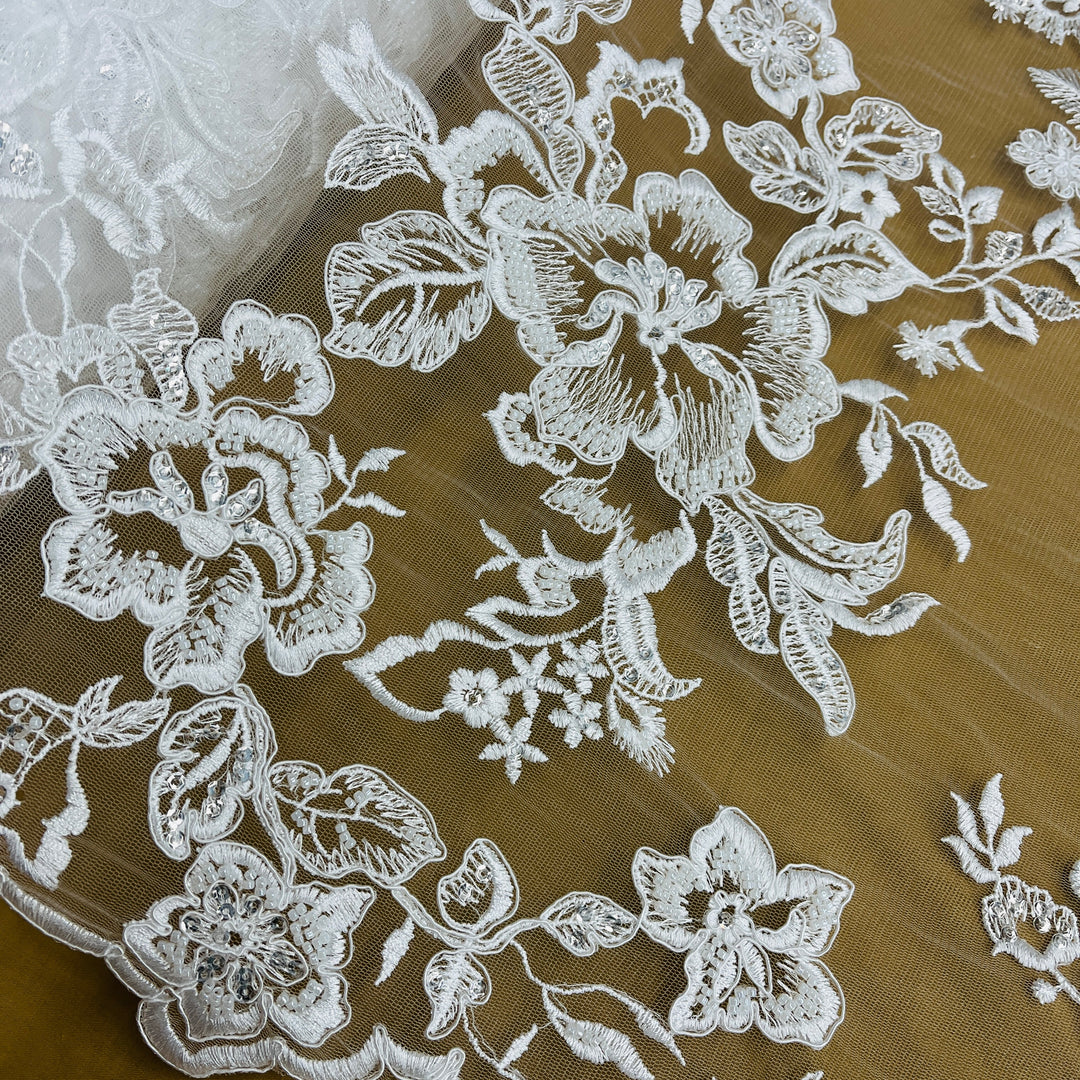 Beaded & Corded Bridal Lace Fabric Embroidered on 100% Polyester Net Mesh | Lace USA