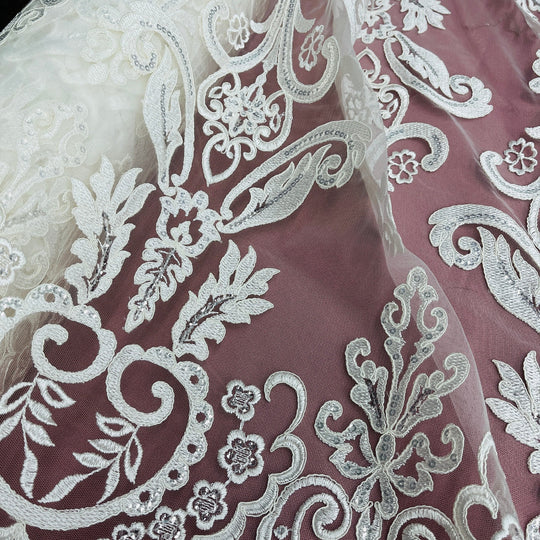 Beaded & Corded Bridal Lace Fabric Embroidered on 100% Polyester Net Mesh | Lace USA - 97068W-SB Ivory