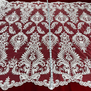 Beaded & Corded Bridal Lace Fabric Embroidered on 100% Polyester Net Mesh | Lace USA - 97160W-HB White