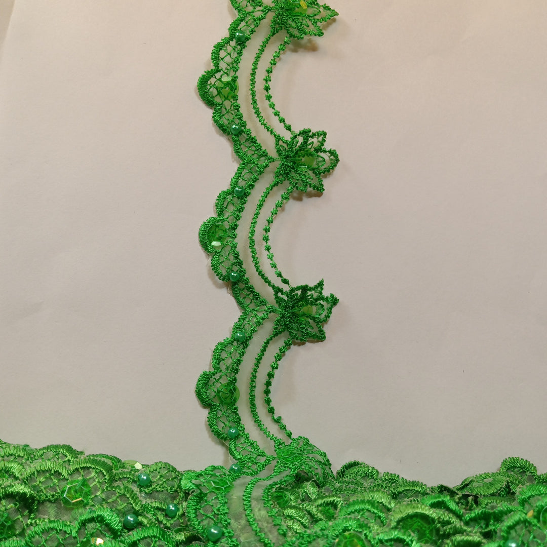 Beaded Emerald Green Lace Trim Embroidered on 100% Polyester Organza . Large Arch Scalloped Trim. Formal Trim. Perfect for Edging and Gowns.  Sold by the Yard.  Lace Usa