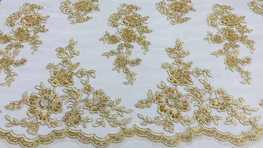 Corded & Beaded Bridal Lace Fabric Embroidered on 100% Polyester Net Mesh. Lace USA