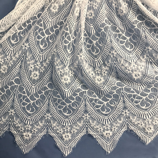 Beaded Chantilly Embroidered Lace Fabric with Eyelash Scallop | Lace USA - 68137W-BP