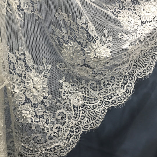 Beaded Chantilly Embroidered Lace Fabric with Eyelash Scallop | Lace USA - 68138W-BP