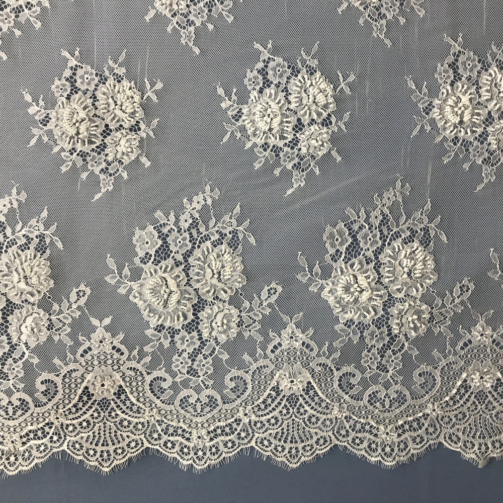 Beaded Chantilly Embroidered Lace Fabric with Eyelash Scallop | Lace USA - 68138W-BP