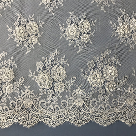 Beaded Chantilly Embroidered Lace Fabric with Eyelash Scallop | Lace USA - 68138W-BP