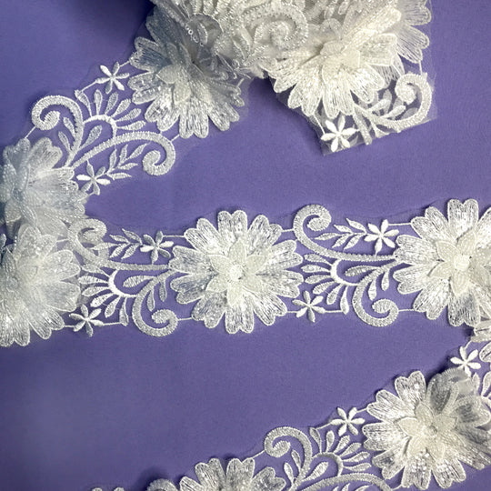 3D Floral Embroidered Trimming with Heavy Beading on Net Lace White Lace Usa