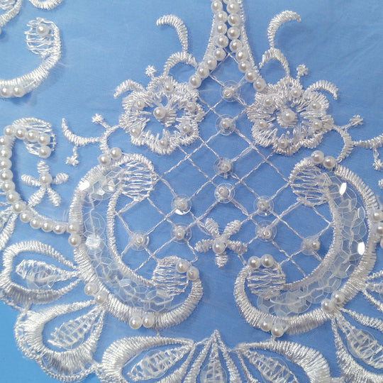 Beaded White Lace Medallion Applique Embroidered on 100% Polyester Organza . Lace Usa