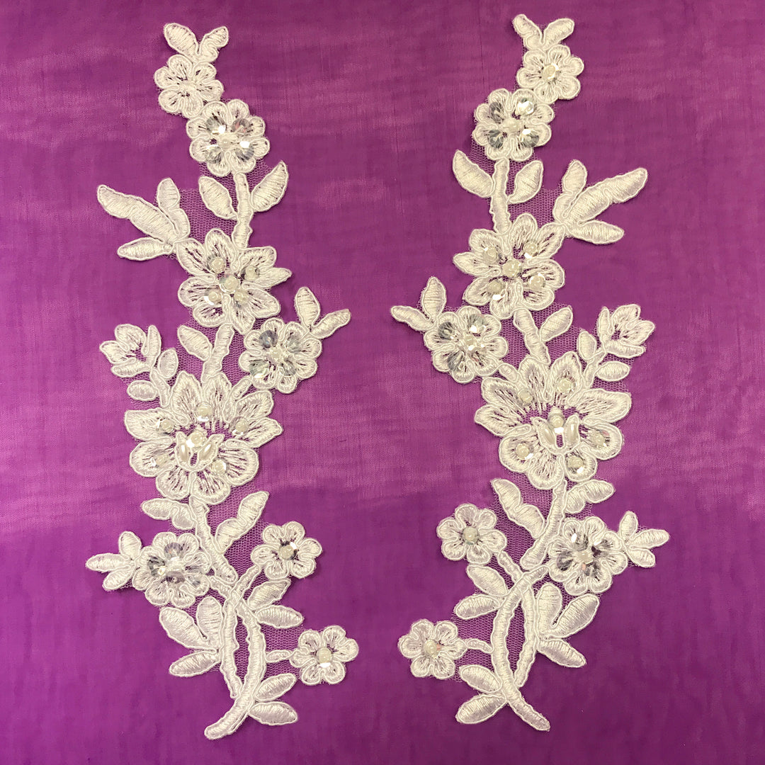 Beaded & Corded Floral Appliqué Lace Embroidered on 100% Polyester Organza or Net Mesh