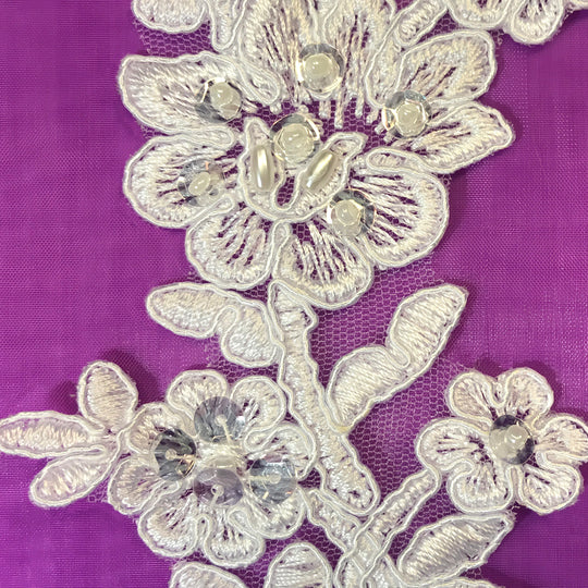 Beaded & Corded Floral Appliqué Lace Embroidered on 100% Polyester Organza or Net Mesh