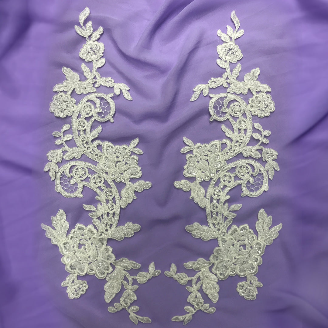 Beaded & Corded Floral Appliqué Lace Embroidered on 100% Polyester Organza or Net Mesh. This can be applied to Theatrical dance ballroom costumes, bridal dresses, bridal headbands endless possibilities.  Sold By Pair  Lace Usa