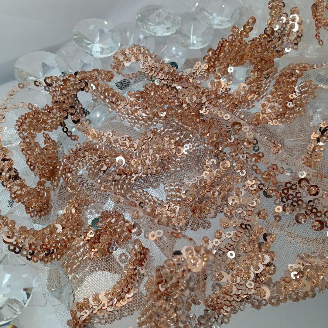 L22-488 // Beautiful rose gold beaded lace fabric with small leafs, couture lace fabric with beads and sequins, rosegold hotsell beaded lace fabric