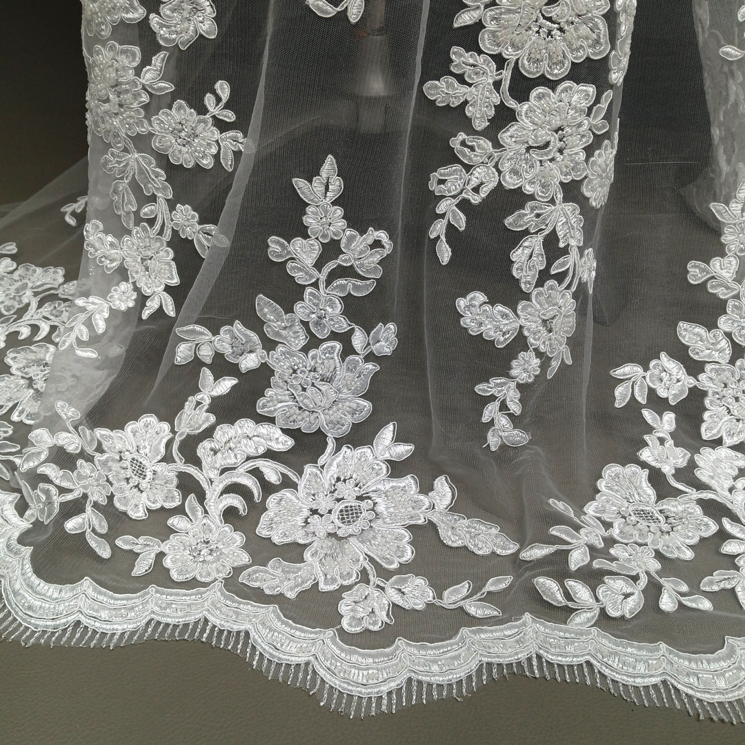 Corded & Beaded Bridal Lace Fabric Embroidered on 100% Polyester Net Mesh. Lace USA