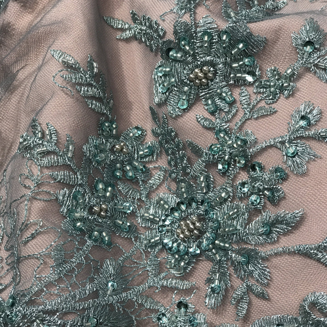 Beaded Floral Lace Fabric Embroidered on 100% Polyester Net Mesh | Lace USA - GD-18614