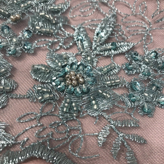 Beaded Floral Lace Fabric Embroidered on 100% Polyester Net Mesh | Lace USA - GD-18614