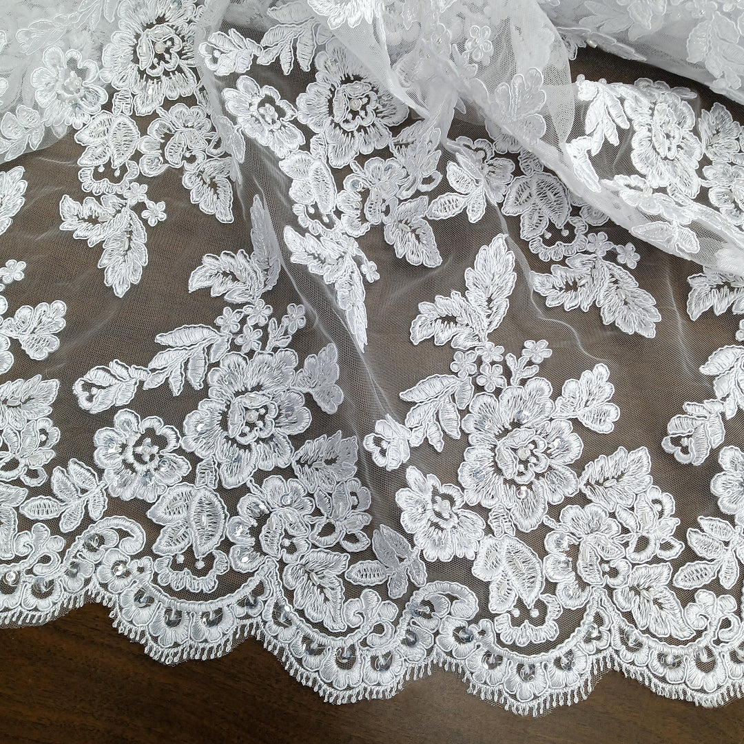 Corded & Beaded Bridal Lace Fabric Embroidered on 100% Polyester Net Mesh. Lace USA