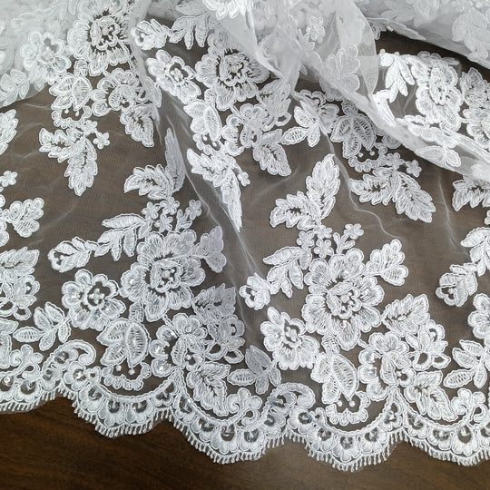 Corded & Beaded Bridal Lace Fabric Embroidered on 100% Polyester Net Mesh. Lace USA