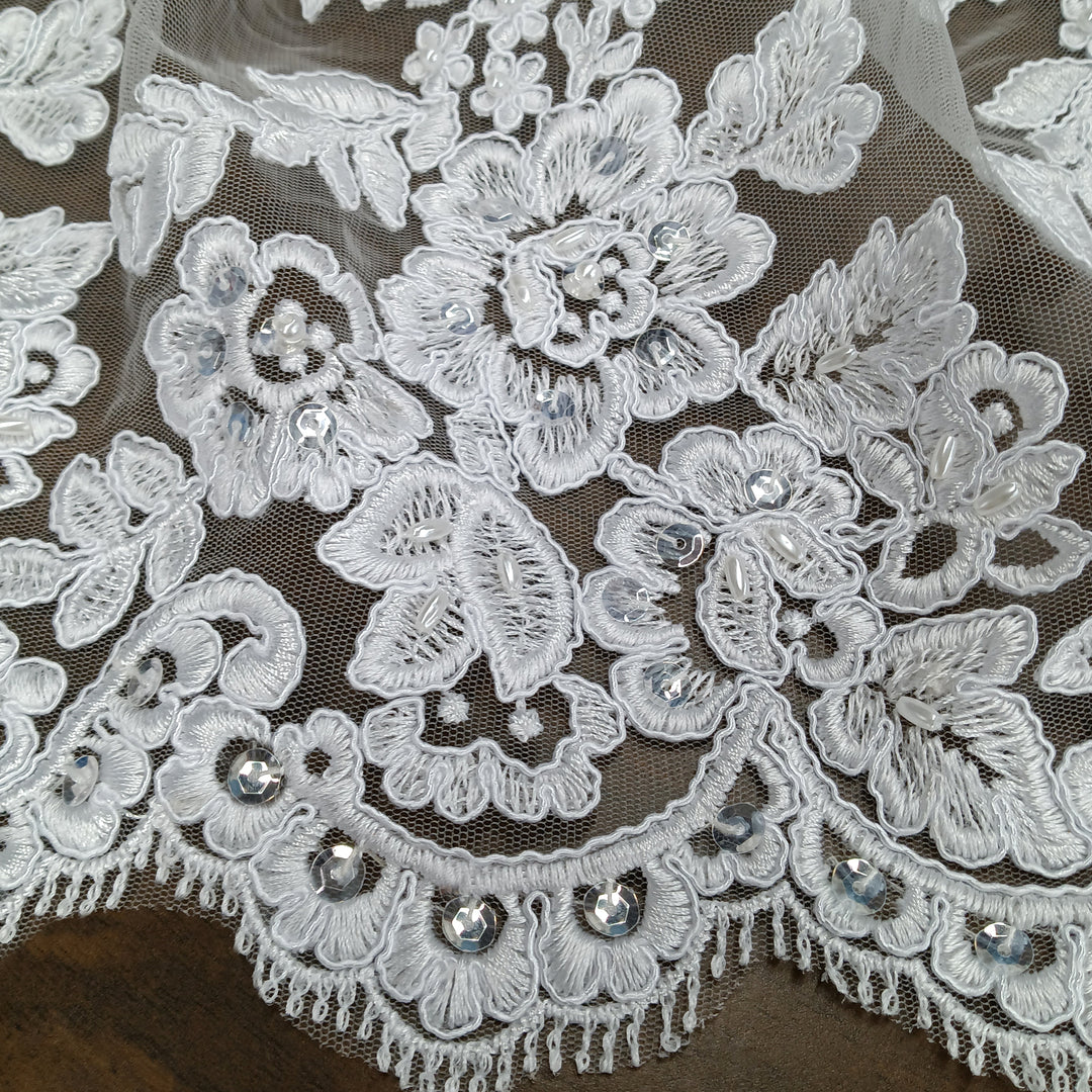 Corded & Beaded Bridal Lace Fabric Embroidered on 100% Polyester Net Mesh. Lace USA